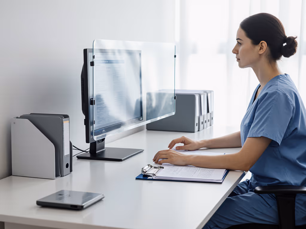 healthcare_worker_using_privacy_screen_at_desk